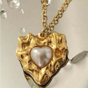 “Crumpled Pearl Heart” Vintage French Tectured Rippled Wavy Love Steel Necklace